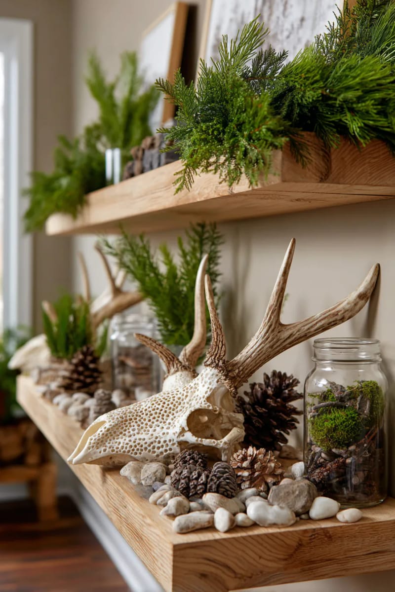 nature-inspired shelf vignettes with antlers, pine garlands, and driftwood 1