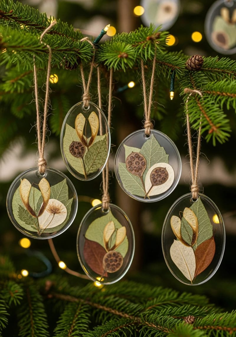 nature-inspired tree ornaments using pressed leaves and seed pods. 1