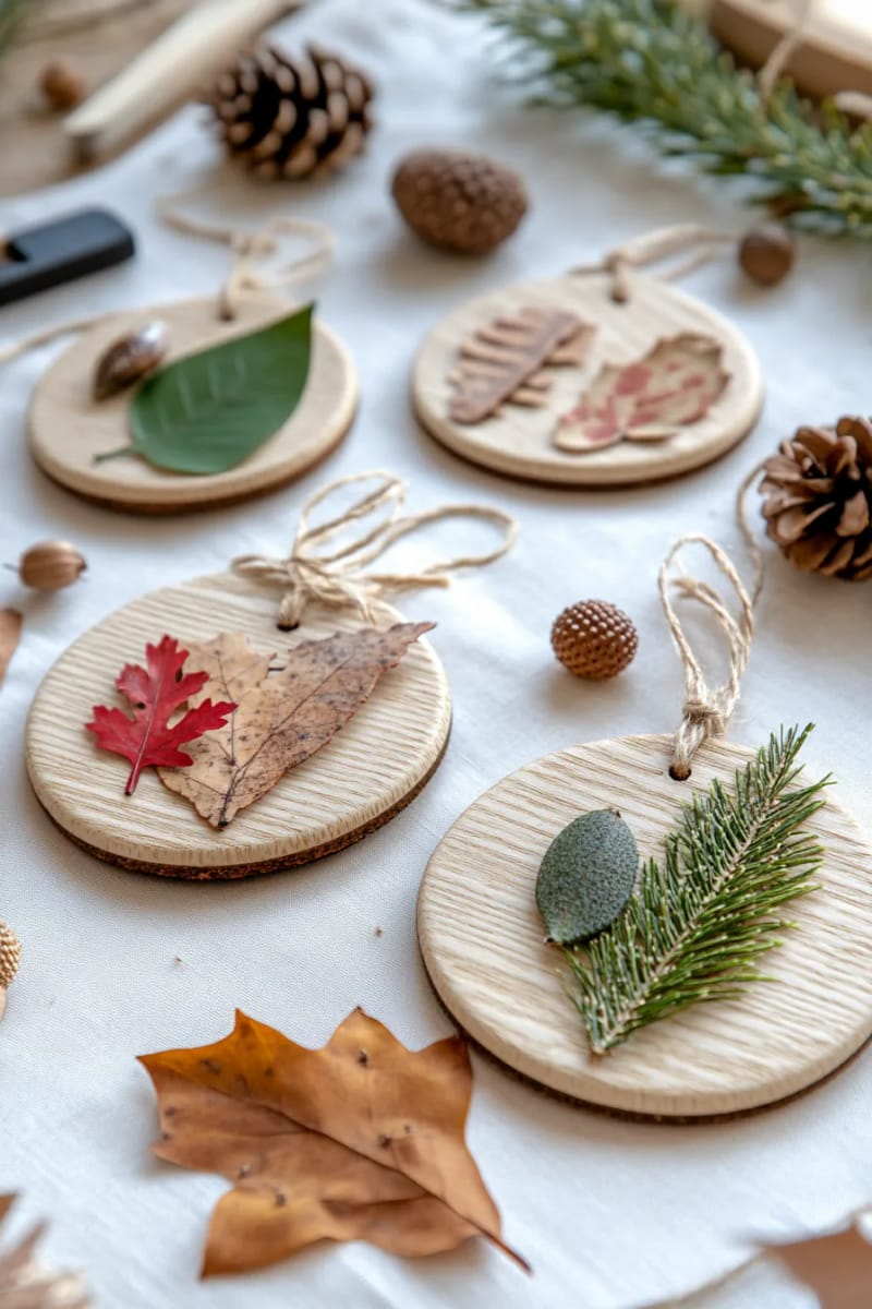 nature-inspired tree ornaments using pressed leaves and seed pods. 1