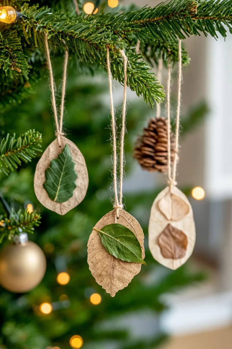 nature-inspired tree ornaments using pressed leaves and seed pods. 1