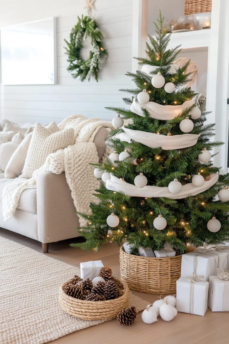 neutral palette christmas tree with linen ribbons and matte white baubles 1