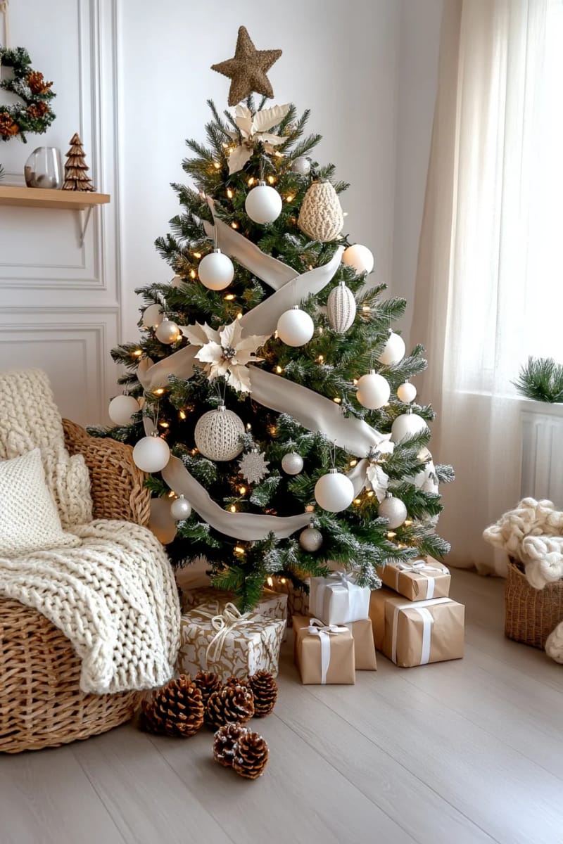 neutral palette christmas tree with linen ribbons and matte white baubles 1