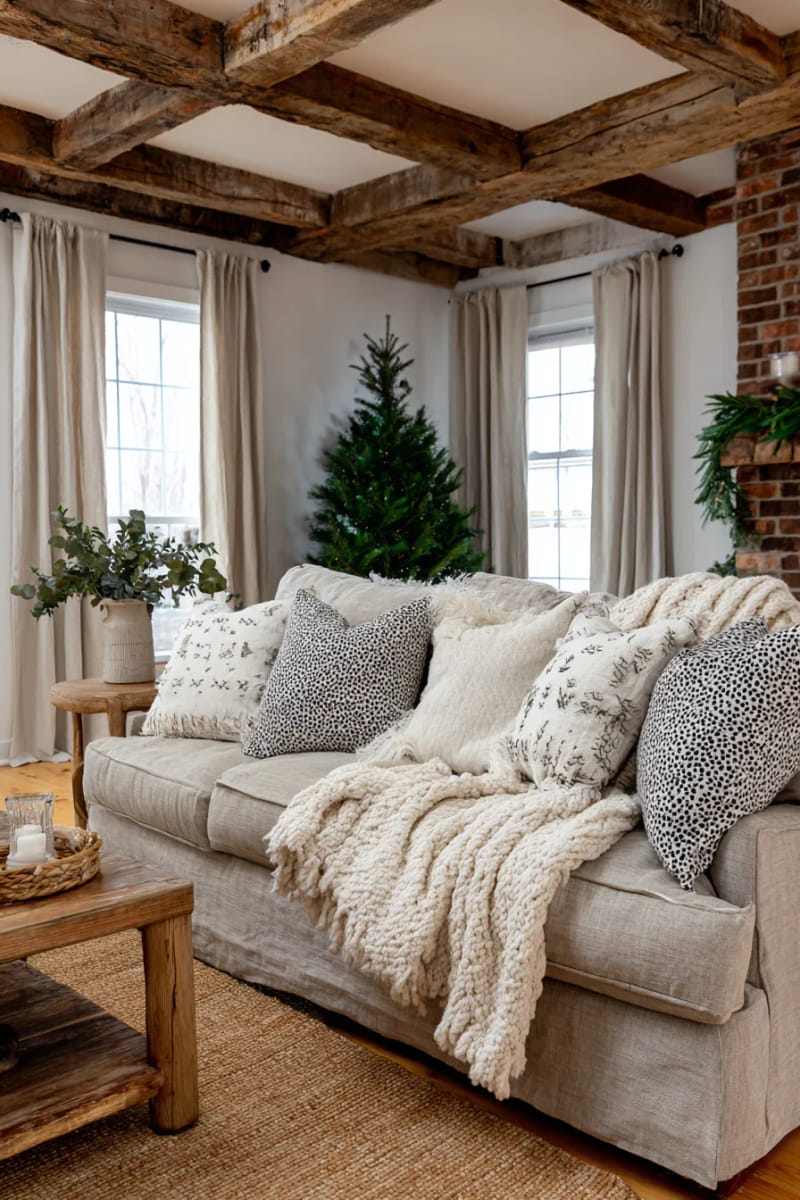 31 Elegant Minimalist Christmas Decor Ideas to Inspire 30 neutral throw blankets and pillows with soft, subtle winter motifs 1