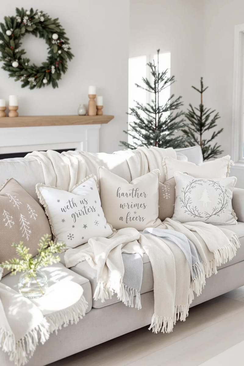 31 Elegant Minimalist Christmas Decor Ideas to Inspire 31 neutral throw blankets and pillows with soft, subtle winter motifs 1