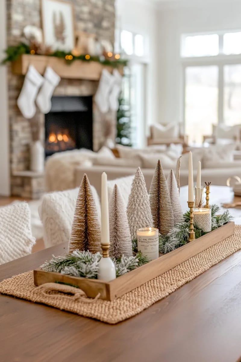 neutral-toned bottle brush trees on a rustic wooden tray centerpiece 1
