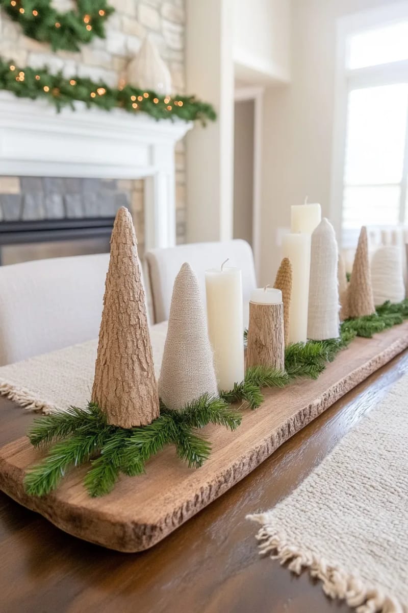 neutral-toned bottle brush trees on a rustic wooden tray centerpiece 1