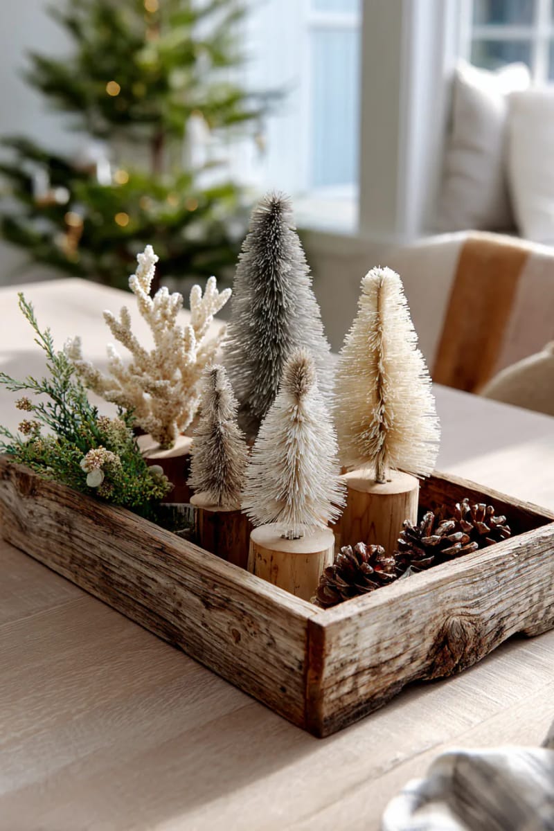 neutral-toned bottle brush trees on a rustic wooden tray centerpiece 1