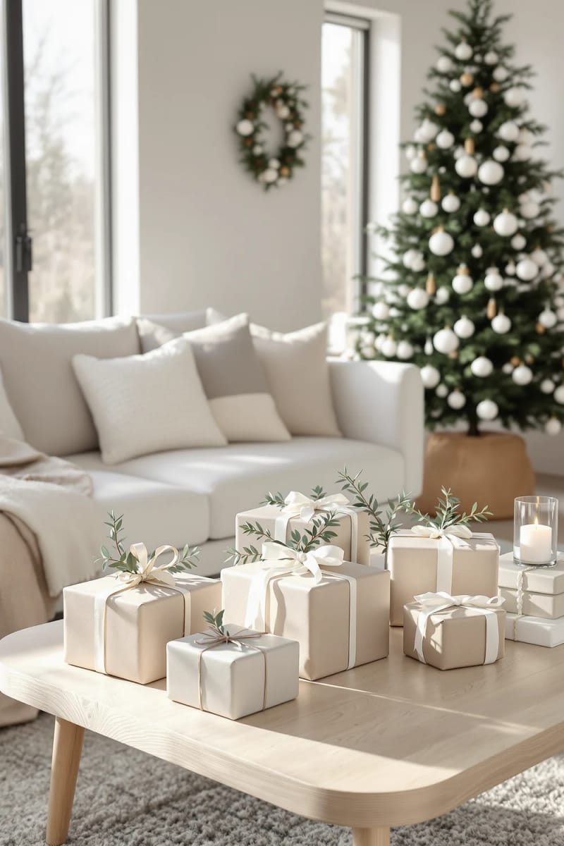 31 Elegant Minimalist Christmas Decor Ideas to Inspire 71 neutral-toned gift wrap with a sprig of eucalyptus tucked beneath the ribbon 1