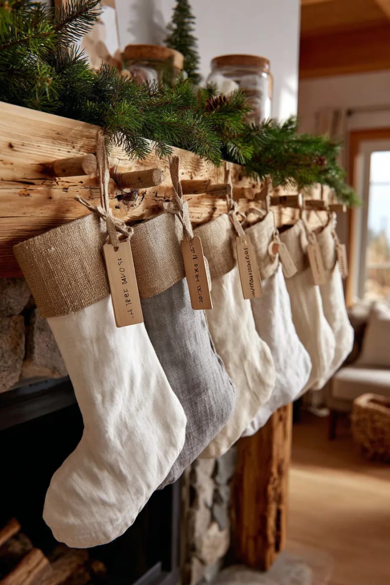 neutral-toned stockings with jute trim and wooden name tags 1