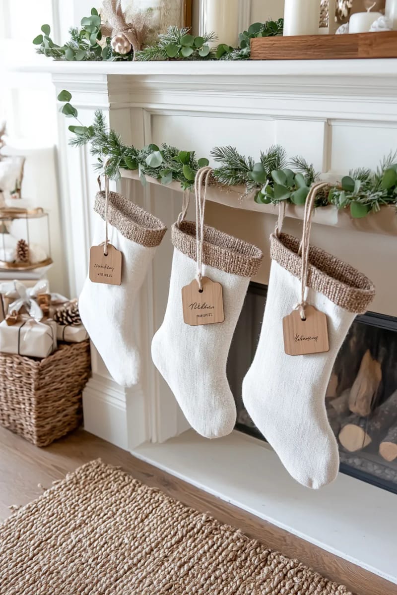 neutral-toned stockings with jute trim and wooden name tags 1