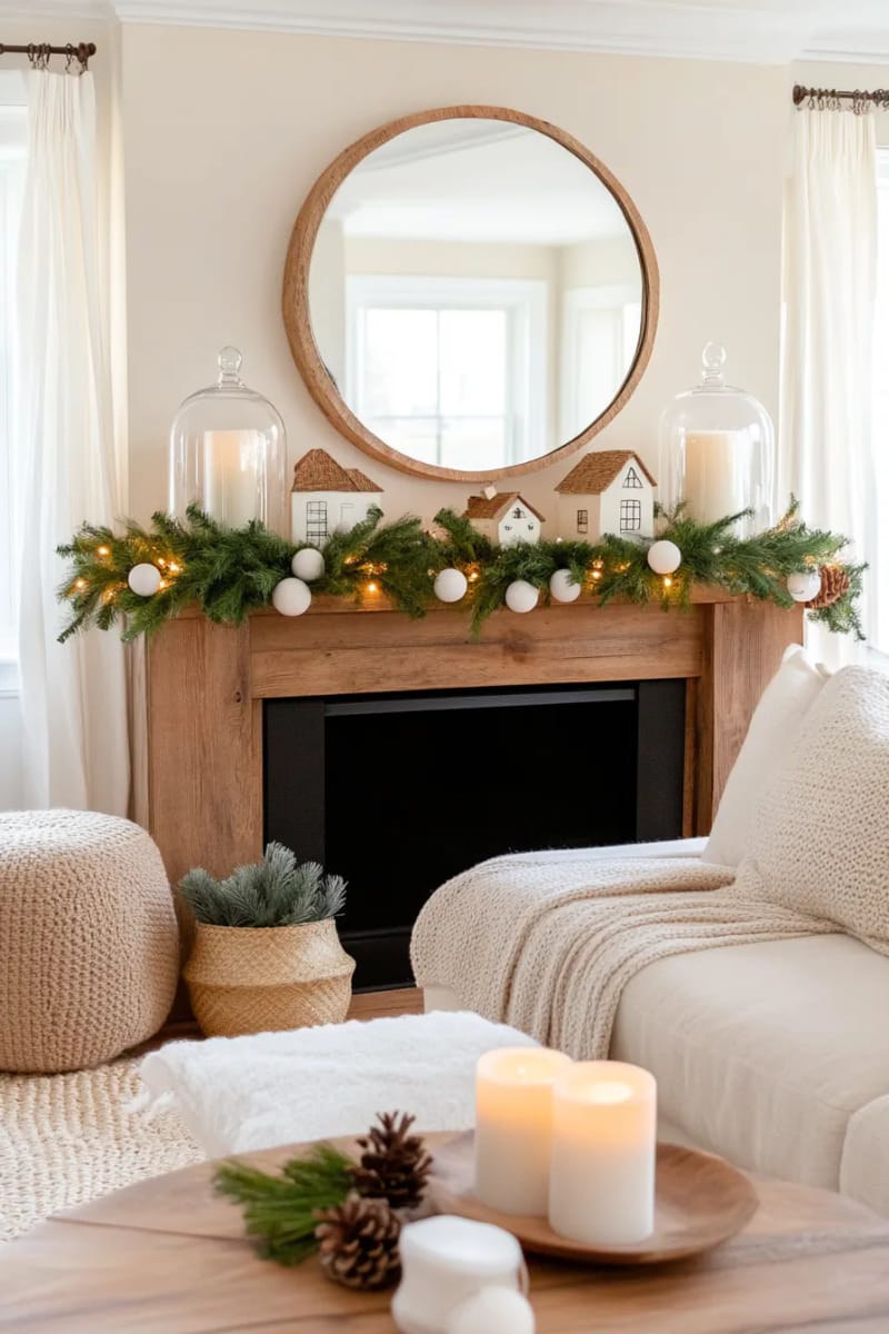 neutral wool ball garland draped across a rustic mantle 1