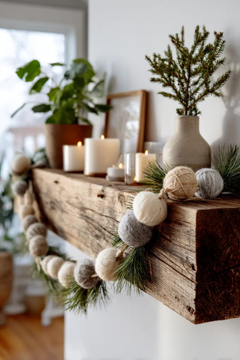 neutral wool ball garland draped across a rustic mantle 1