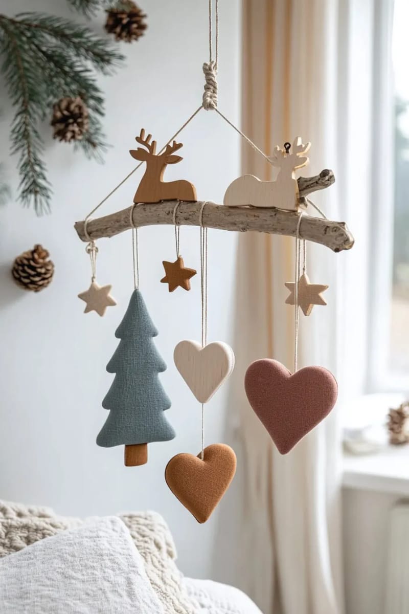 nordic-inspired hanging mobiles with hearts, trees, and reindeer shapes 1