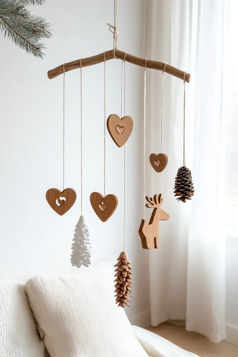 nordic-inspired hanging mobiles with hearts, trees, and reindeer shapes 1