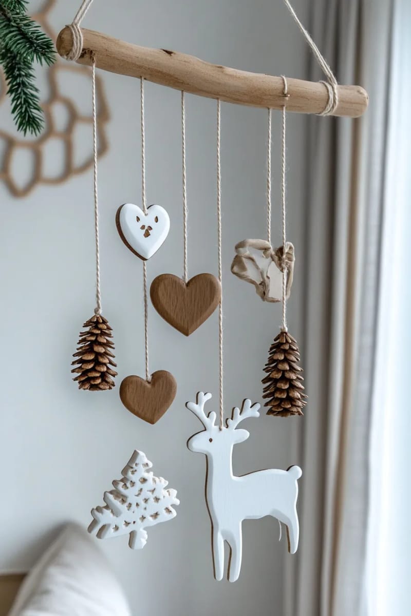 nordic-inspired hanging mobiles with hearts, trees, and reindeer shapes 1