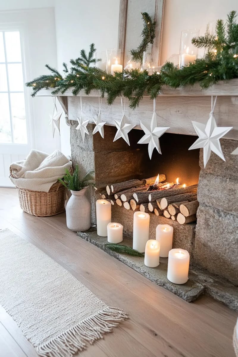 nordic-inspired paper star garland draped across a rustic fireplace 1