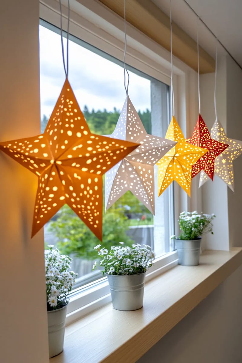 nordic star paper lanterns glowing in window nooks 1
