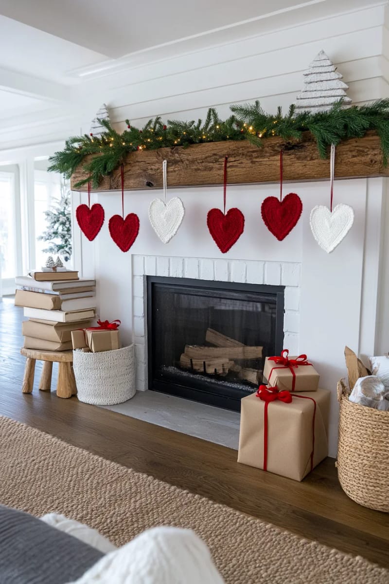 nordic-style red and white felt heart ornaments with embroidered snowflakes 1
