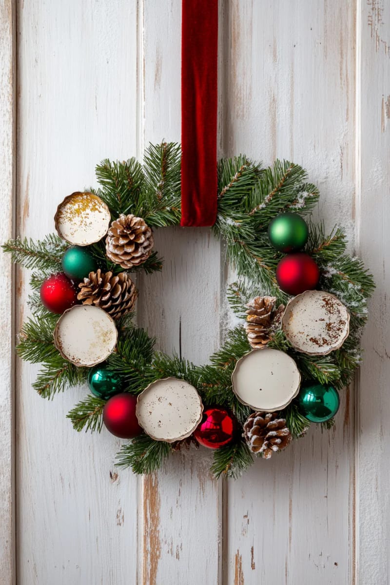 29 Upcycled Christmas Crafts For Unique Holiday DIY Projects 73 old tart tin wreath adorned with pine branches and tiny ornaments 1