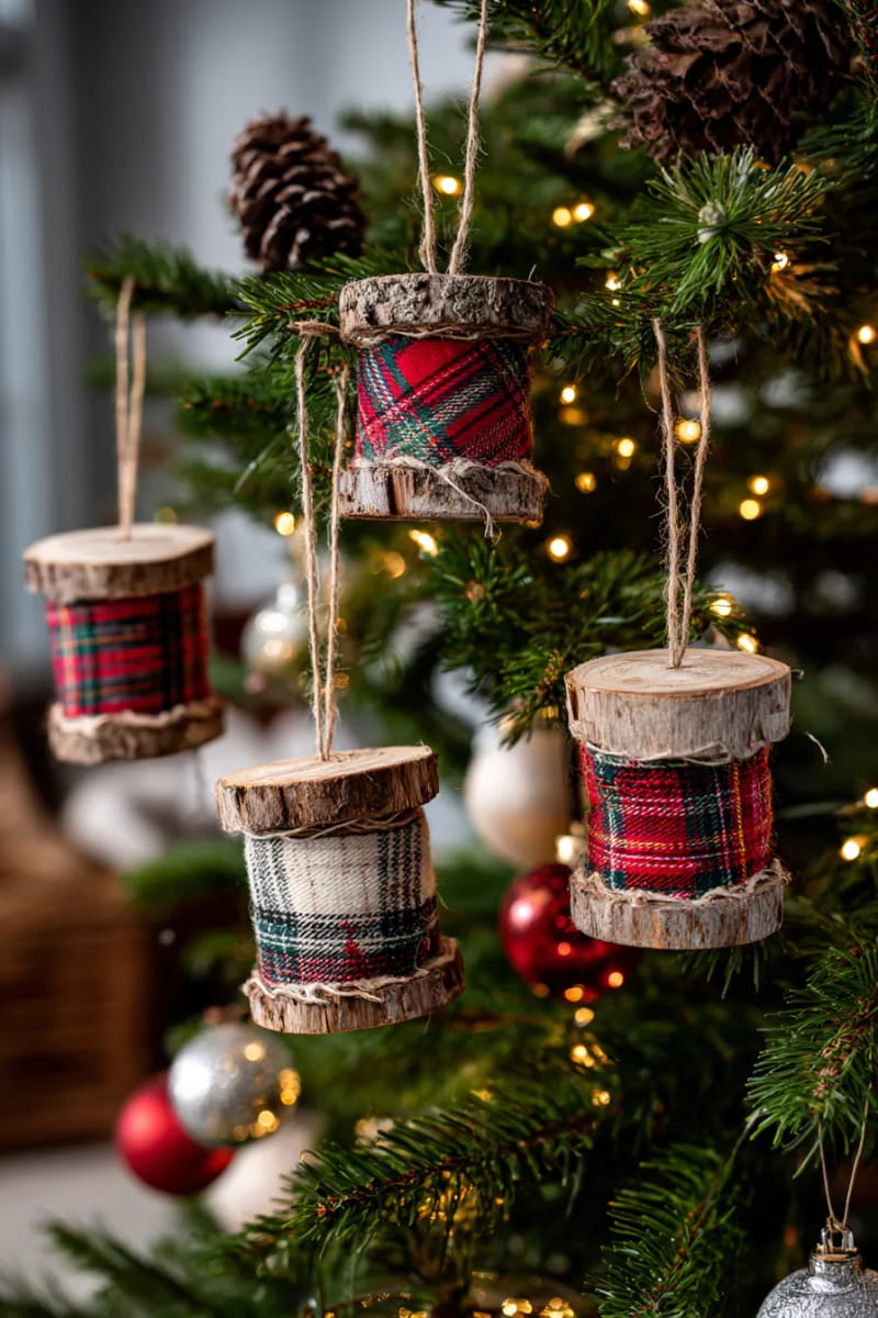 old wooden spools wrapped in plaid fabric for tree ornaments 1