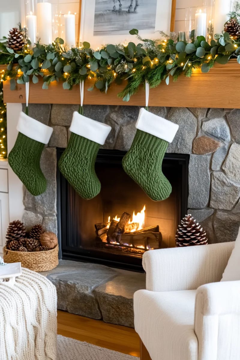 25 Green Christmas Fireplace Decor Ideas for a Fresh and Festive Mantel 39 olive green knitted stockings paired with snowy eucalyptus garlands 1
