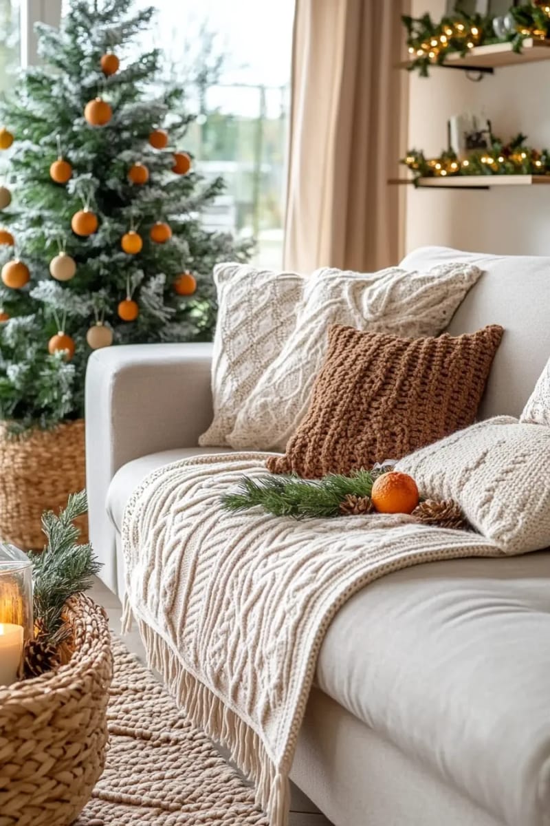 organic cotton slipcovers and chunky blankets with subtle holiday patterns 1