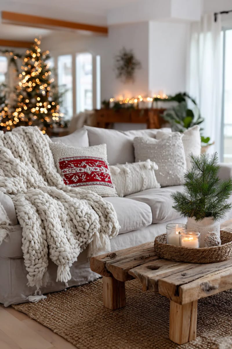 organic cotton slipcovers and chunky blankets with subtle holiday patterns 1