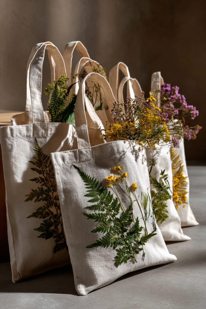 organic cotton tote bags decorated with pressed botanicals 1