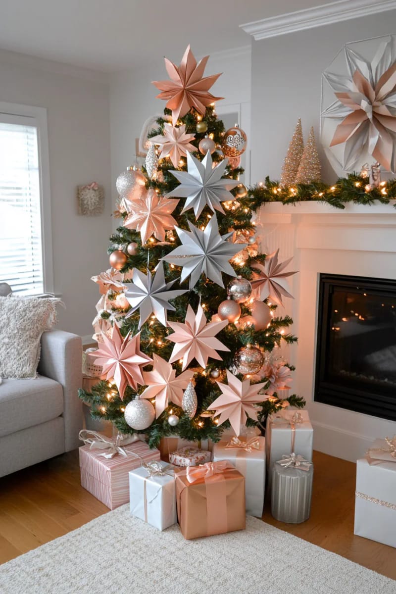 27 Unique & Cheap Paper Christmas Decorations That Wow! 20 origami starburst ornaments in metallic paper for modern flair 1