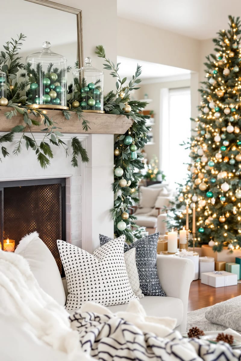 25 Green Christmas Fireplace Decor Ideas for a Fresh and Festive Mantel 56 oversized glass cloches filled with green baubles and pine sprigs 1