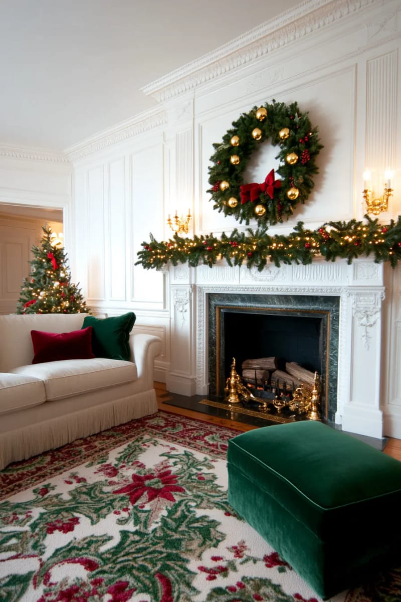 25 Green Christmas Fireplace Decor Ideas for a Fresh and Festive Mantel 32 oversized green wreath with gold bells for a bold, classic centerpiece 1