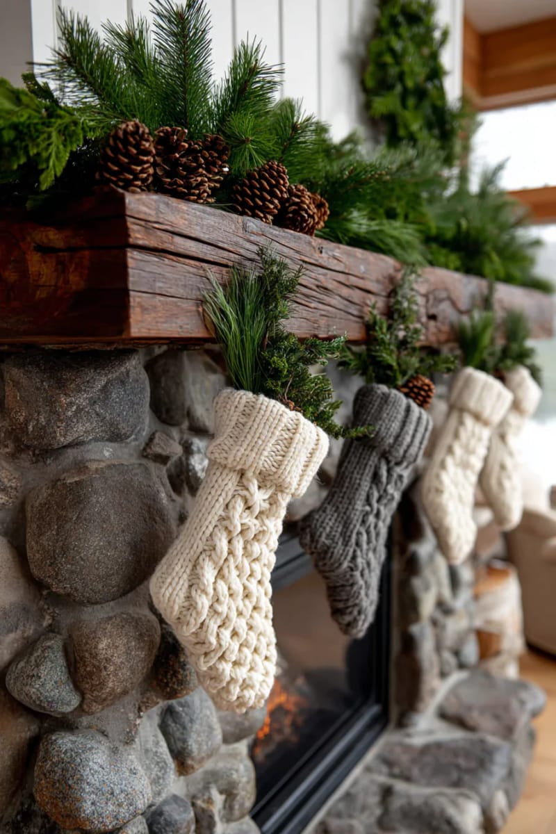 oversized knit stockings hanging from a farmhouse fireplace with evergreen sprigs 1