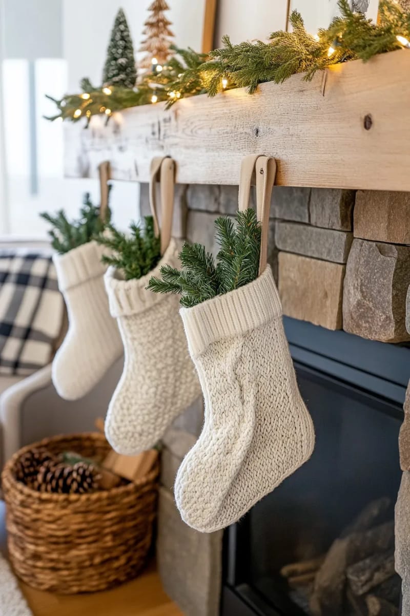 oversized knit stockings hanging from a farmhouse fireplace with evergreen sprigs 1