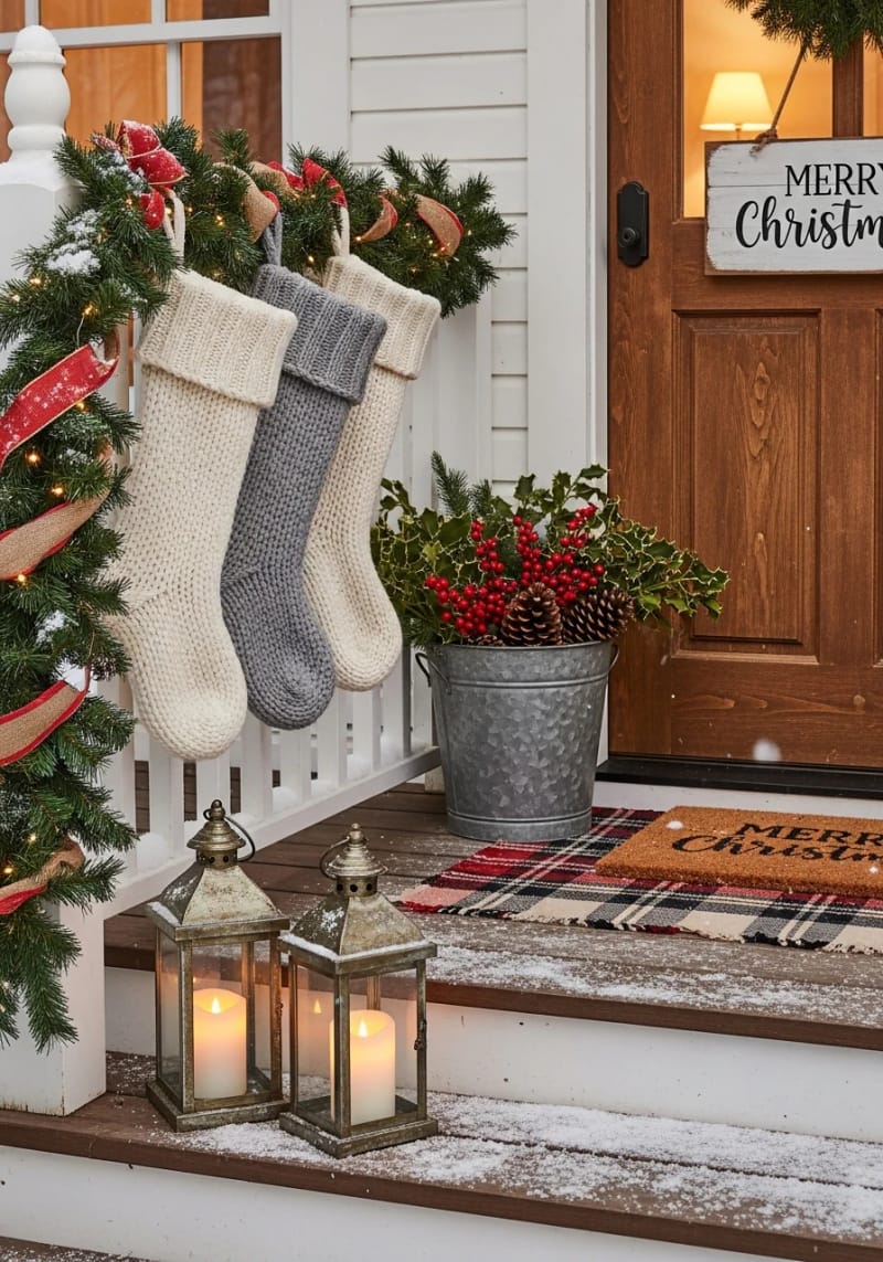 15 Cozy Rustic Christmas Porch Ideas for Country Charm 25 oversized knit stockings hanging from porch railing with pine garland and ribbon 1