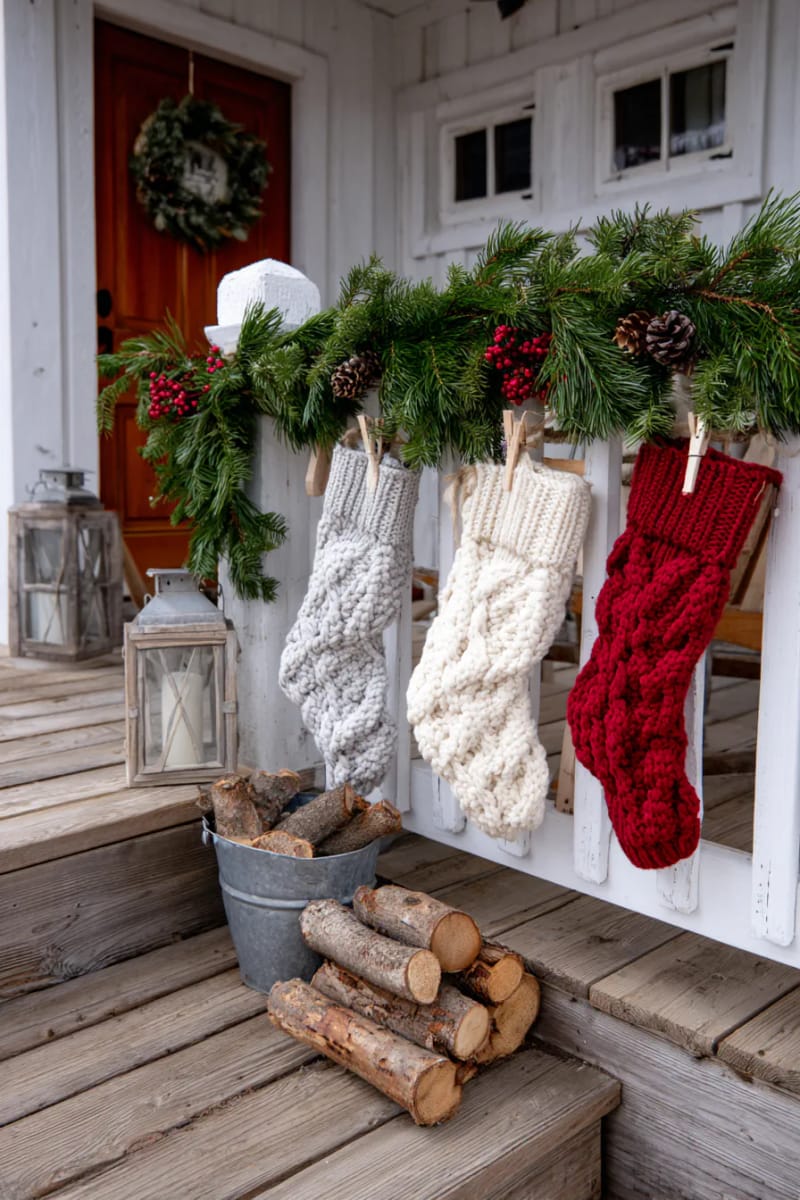 15 Cozy Rustic Christmas Porch Ideas for Country Charm 26 oversized knit stockings hanging from porch railing with pine garland and ribbon 1