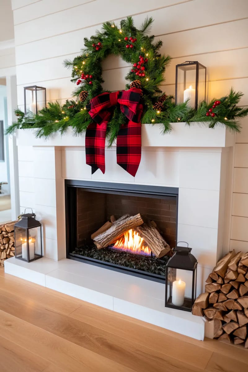 oversized wreath with plaid ribbon above fireplace, surrounded by glowing lanterns 1
