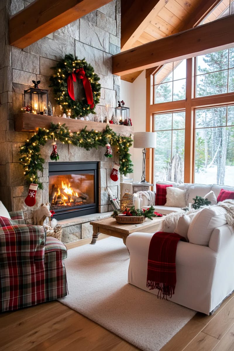 oversized wreath with plaid ribbon above fireplace, surrounded by glowing lanterns 1