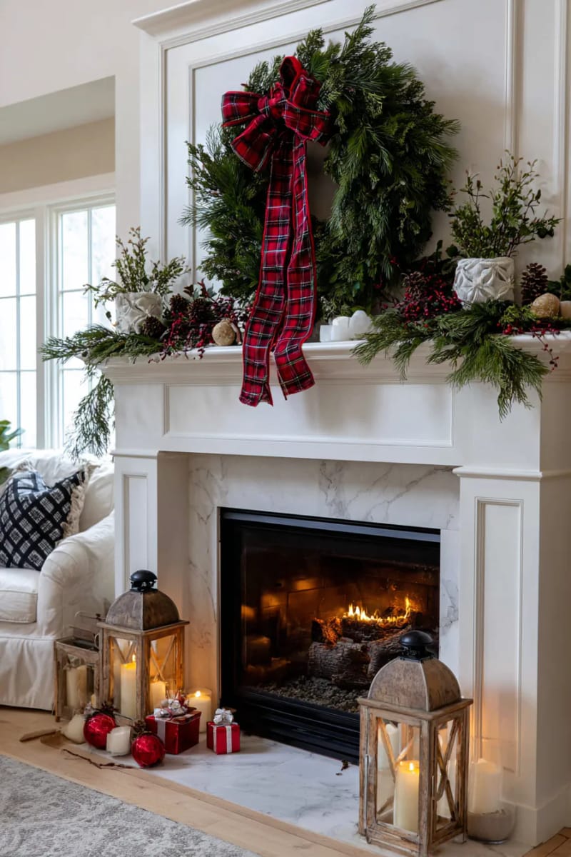 oversized wreath with plaid ribbon above fireplace, surrounded by glowing lanterns 1