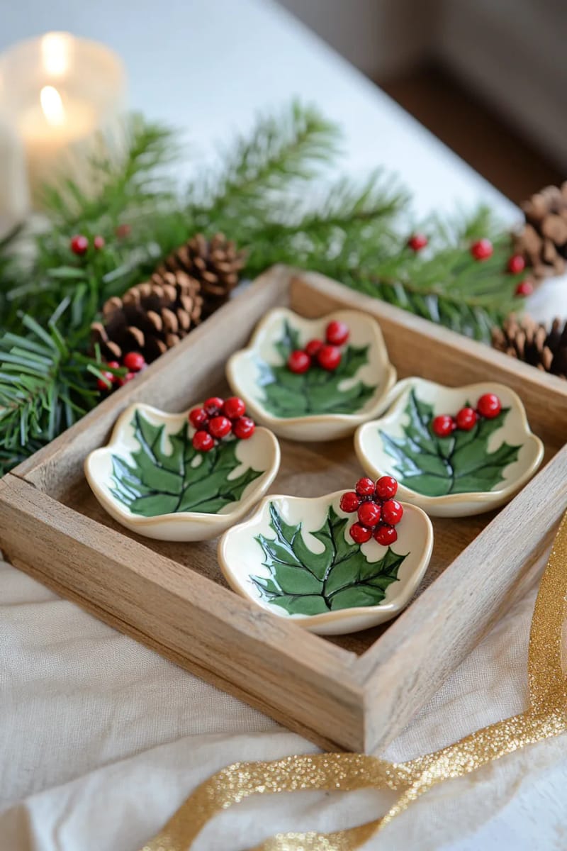 painted clay ring dishes shaped like holly leaves 1