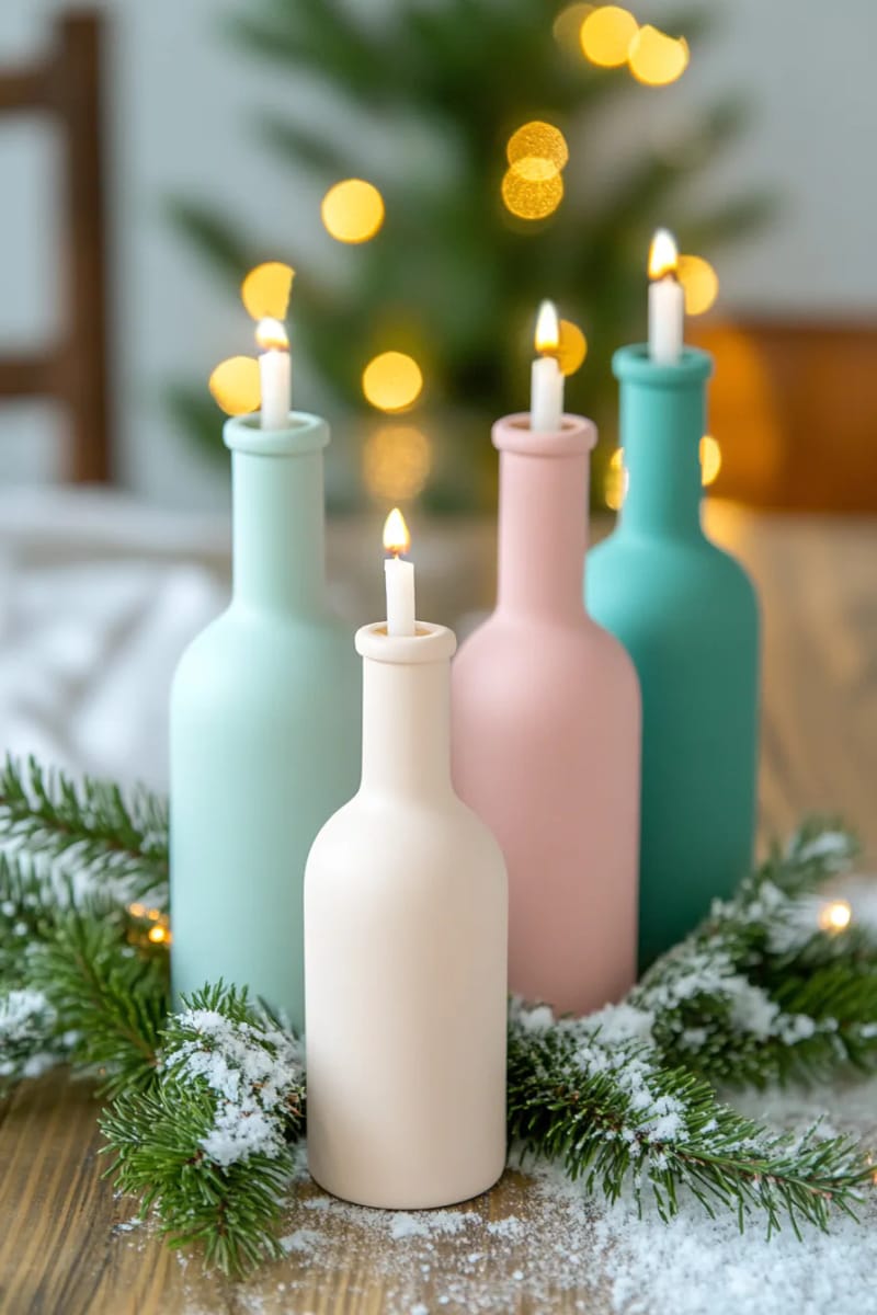 29 Upcycled Christmas Crafts For Unique Holiday DIY Projects 19 painted glass bottle candle holders with pine sprigs and twinkle lights 1