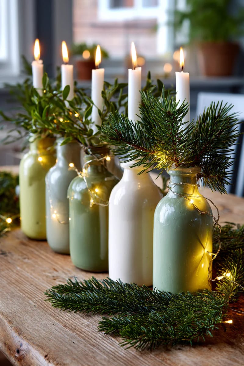 29 Upcycled Christmas Crafts For Unique Holiday DIY Projects 20 painted glass bottle candle holders with pine sprigs and twinkle lights 1
