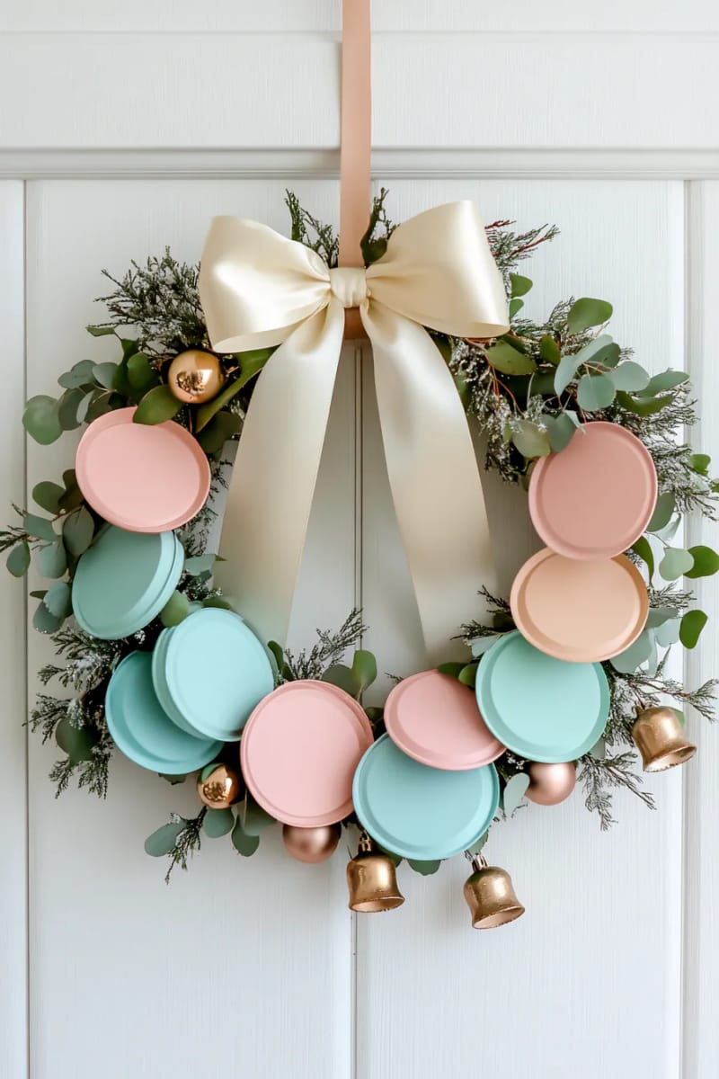 29 Upcycled Christmas Crafts For Unique Holiday DIY Projects 48 painted jar lid wreaths with ribbon bows and tiny bells 1