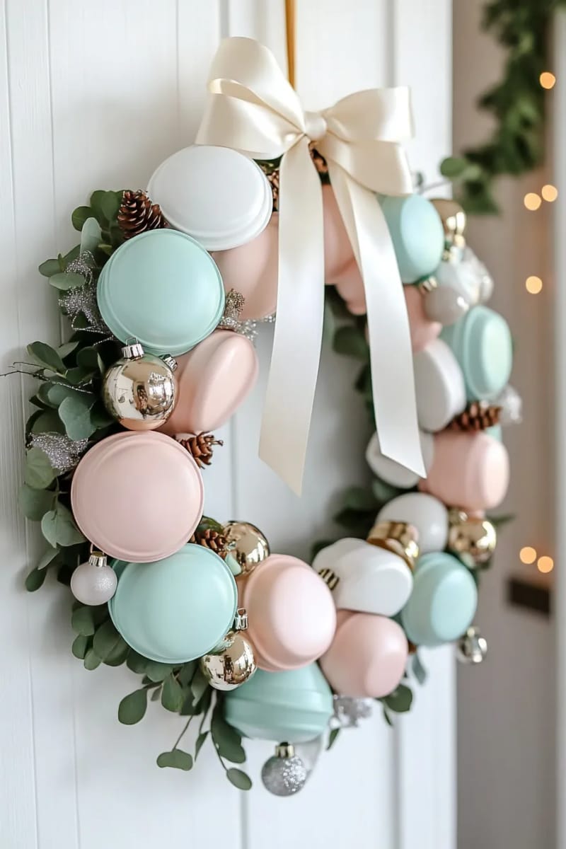 29 Upcycled Christmas Crafts For Unique Holiday DIY Projects 49 painted jar lid wreaths with ribbon bows and tiny bells 1