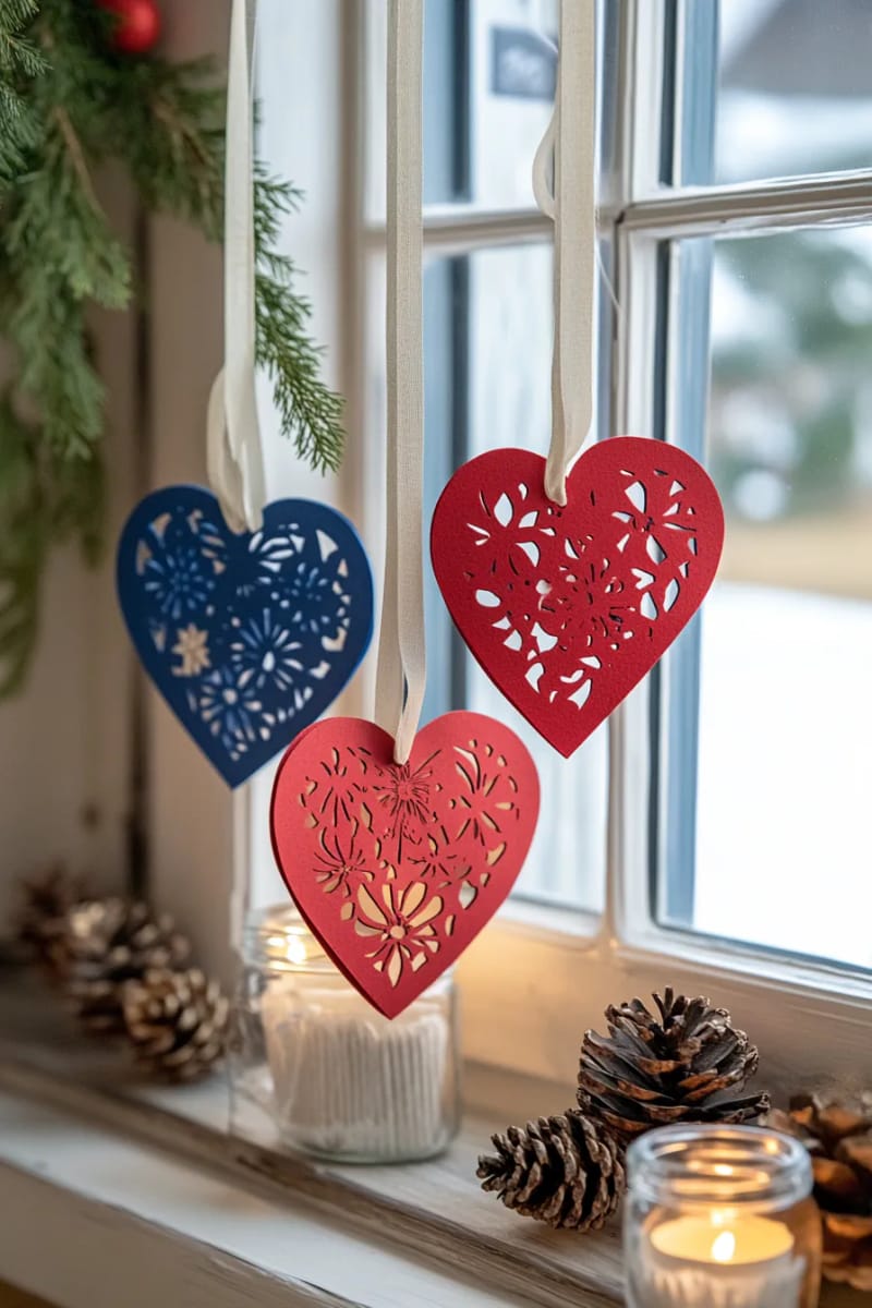 paper-cut folk art hearts in red and blue for windows or doors 1