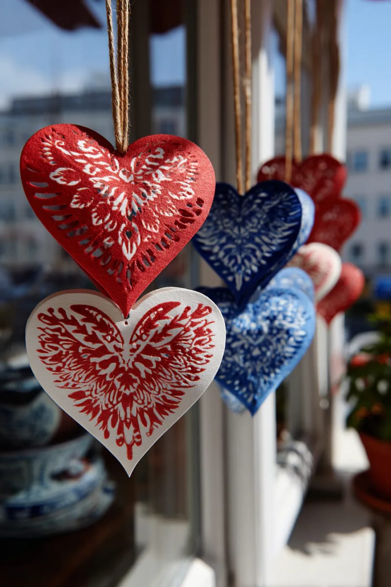 paper-cut folk art hearts in red and blue for windows or doors 1