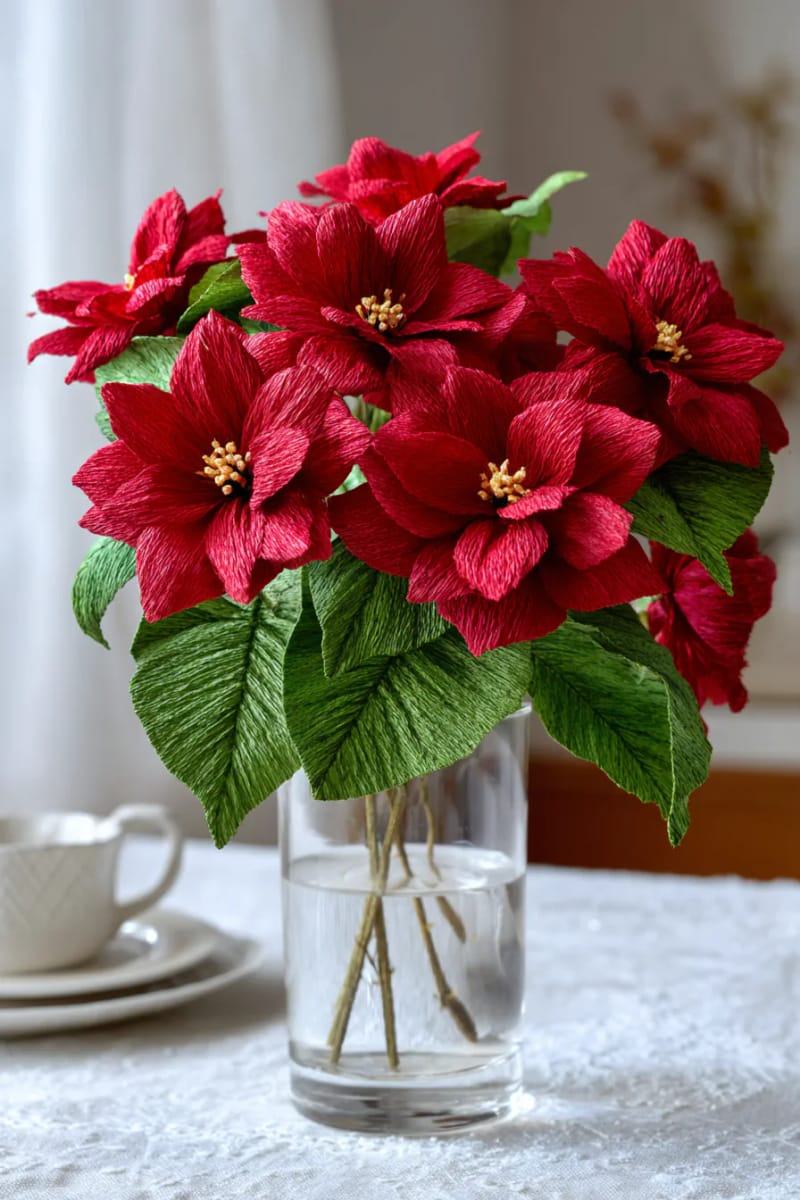 paper poinsettia bouquet in deep red for a holiday table 1