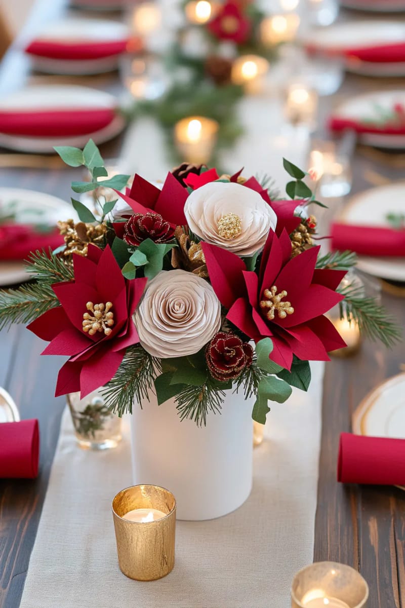 paper poinsettia bouquet in deep red for a holiday table 1