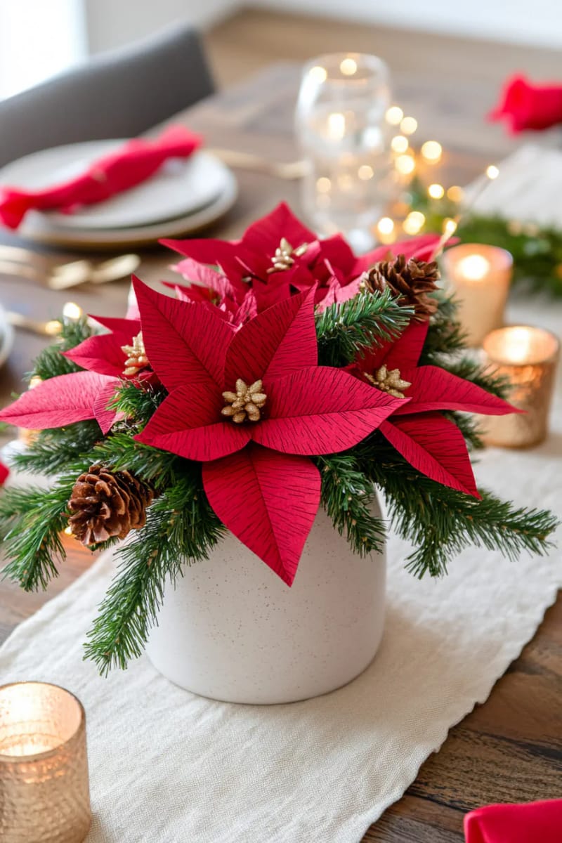 paper poinsettia bouquet in deep red for a holiday table 1