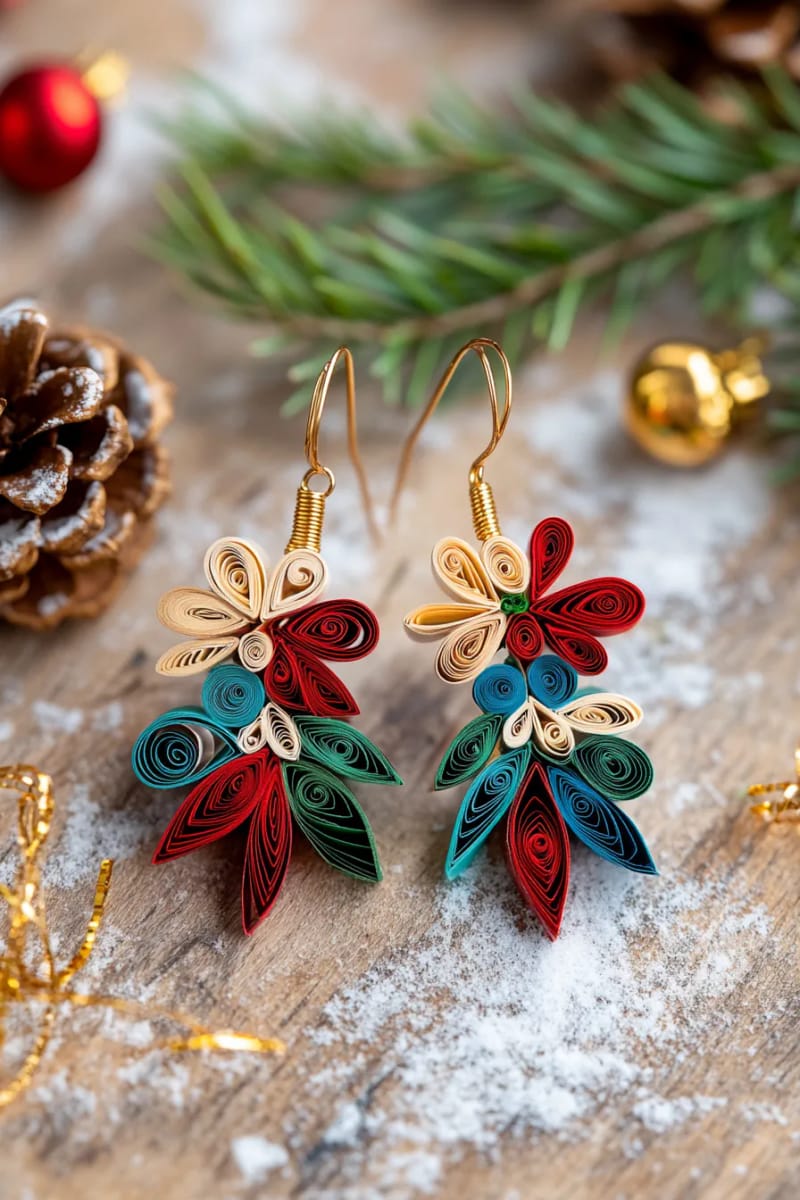 29 Upcycled Christmas Crafts For Unique Holiday DIY Projects 27 paper quilled christmas earrings using recycled colored magazine pages 1