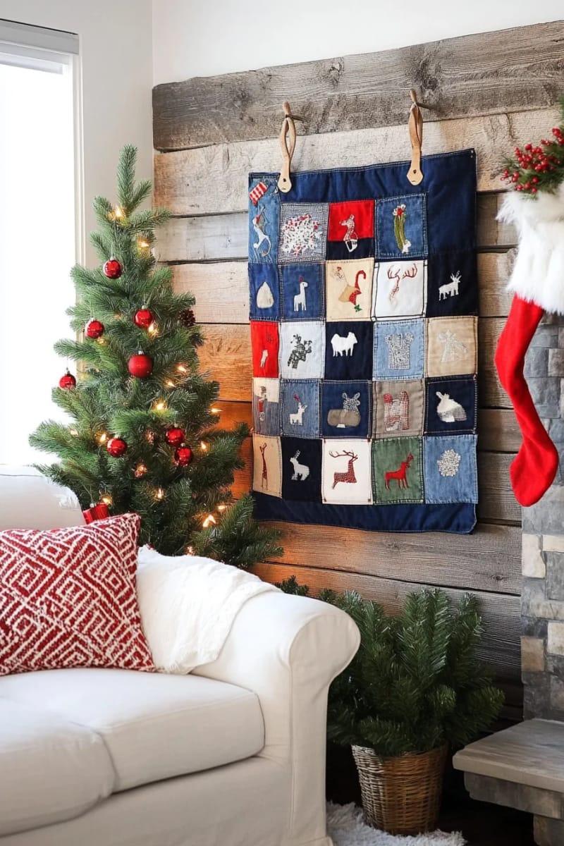 patchwork advent calendar with tiny jean squares and festive appliqués 1